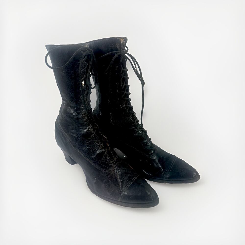 Antique 1800s Black Victorian Shoes Lace Up Boots Genuine Leather